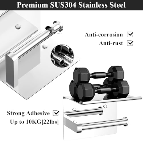 Tindbea Mega Size Toilet Paper Holder with Shelf + Towel Robe Hooks, Adhesive or Screw Wall Mounted Toilet Paper Roll Holder, Stainless Steel Bathroom Hardware Set (Polished Chrome) - Image 4