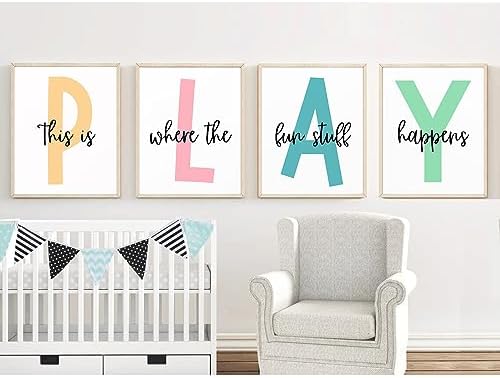Baccone Kids Playroom Wall Art Playroom Wall Decor Kids Play Canvas Wall Art Play Sign Pictures Toddler Playroom Art Prints Nursery Children Artwork for Room Bedroom Set of 4 12x16 Inch Unframed - Image 3