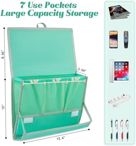 Bedside Caddy Organizer for Dorm Bed Rails with 7 Pockets, Green - Image 2