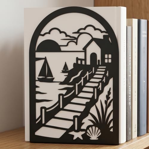 2 Pairs Seaside Landscape Black Metal Bookends for Shelves - Image 7