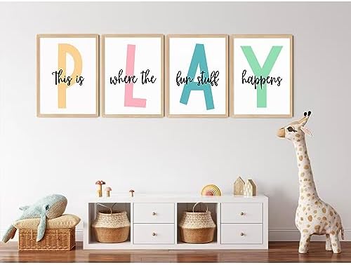 Baccone Kids Playroom Wall Art Playroom Wall Decor Kids Play Canvas Wall Art Play Sign Pictures Toddler Playroom Art Prints Nursery Children Artwork for Room Bedroom Set of 4 12x16 Inch Unframed - Image 4