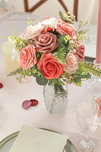 Floroom Artificial Flowers 25pcs Real Looking Coral Ombre Colors Foam Fake Roses with Stems for DIY Wedding Bouquets Bridal Shower Centerpieces Floral Arrangements Party Tables Home Decorations - Image 2