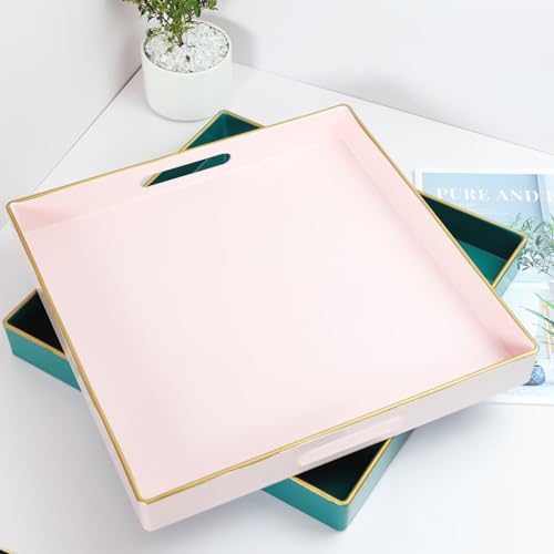 Spsyrine Pink Decorative Serving Tray with Handles, 13" X 13" Square Plastic Coffee Table Tray for Ottoman, Living Room, Bathroom, Home Decor. - Image 6
