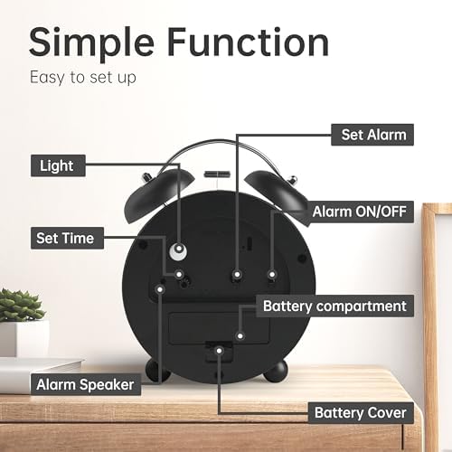 Twin Bell Loud Alarm Analog Alarm Clock, 4 inch Super Silent Non Ticking Small Clock with Night Light, Battery Operated, Simple Design, Old Fashioned, for Heavy Sleeper, Bedroom, Bedside, Desk, Black - Image 6