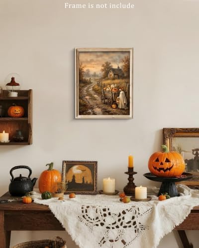 Vodefoad Vintage Halloween Ghost and Pumpkins Wall Prints, Rustic Autumn Landscape Canvas Paintings, Halloween Pumpkins Cart with Cute Ghost Picture, Halloween Gothic Dark Academia Spooky Fall Decor for Kitchen, Gallery, Bathroom Wall decor - 8x10Inch ... - Image 2