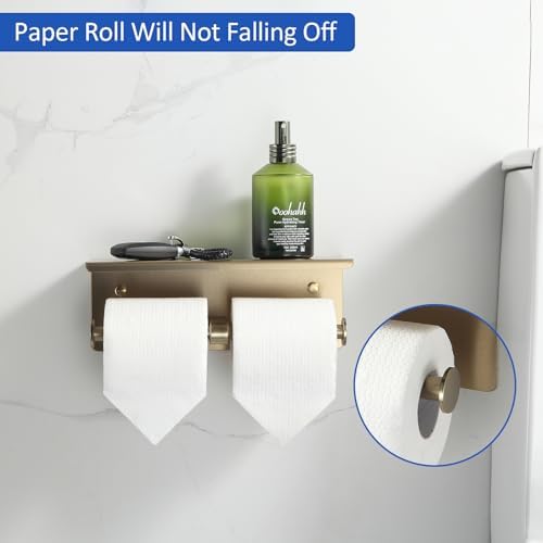 BGL Toilet Paper Holder with Shelf Matte Brushed Gold Double Head Toilet Tissue Roll Holder 304 Stainless Steel Wall Mount for Bathroom - Image 2