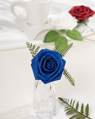 DuHouse 25Pcs Artificial Flowers Foam Roses Fake Roses(Blue White Red) - Image 5