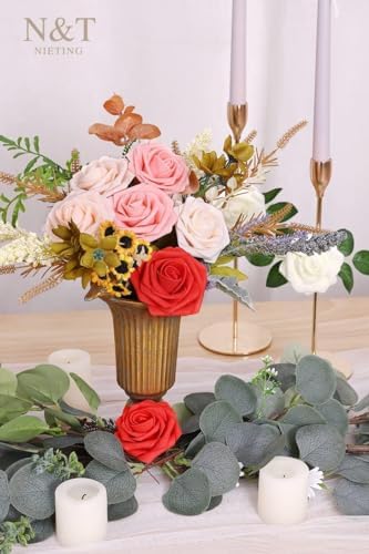 N&T NIETING Artificial Roses Flowers 25Pcs Real Touch Fake Foam Flowers with Stems for DIY Wedding Bridal Bouquet Party Baby Shower Cake Home Arrangement Decoration,Series Red - Image 3