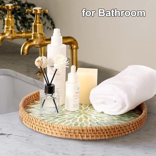 Round Rattan Tray with Mother of Pearl Inlay, Rattan Serving Tray for Coffee, Bread, Fruits, Decorative Wicker Tray for Table Decor, Home Decor, Kitchen Island Decor (Green Leaf, 11.8") - Image 6