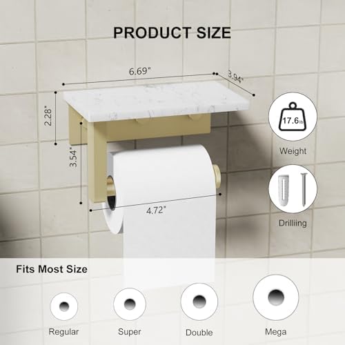 Brushed Gold Toilet Paper Holder with Marble Shelf Tissue Roll Holder - Image 3