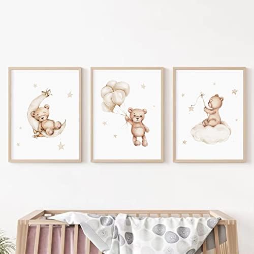 Baccone Bear Nursery Wall Art Decor Set of 3 Teddy Bear Canvas Wall Art Baby Boy Nursery Decor Prints Neutral Pictures Moon Star Cloud Print for Girls Children Room 12x16 Inch Unframed - Image 7