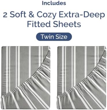 CGK Linens 2 Pack Extra Deep Twin Fitted Sheets - Grey Stripes - Image 4