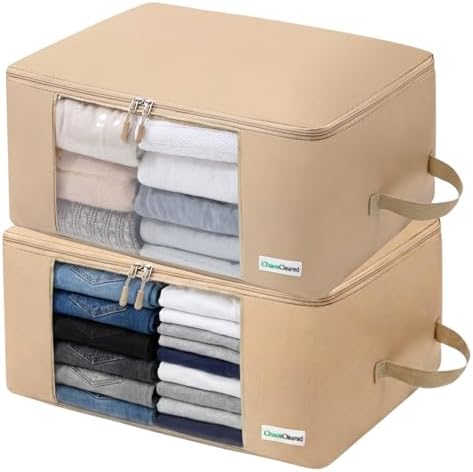 2 Pack Clothing Storage Bags Clothes Organizer folding fabric bags for sweaters, clothing, garment, bedding, quilt, linens, large folding organizers with zip & window (2 Pack Beige) by ChaosCleared