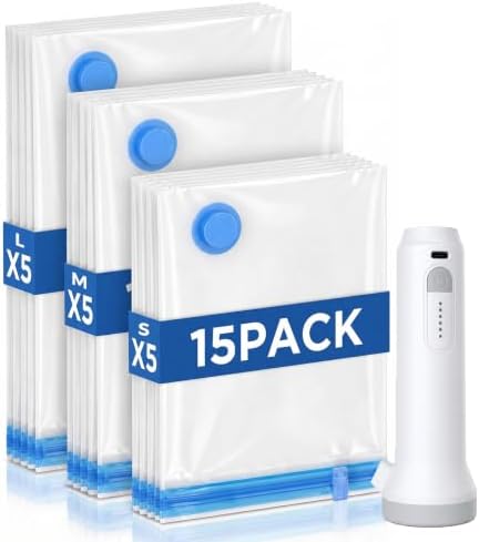 15 Pack Travel Vacuum Storage Bags with Rechargeable Cordless Pump, 3 Sizes by ZOZOO