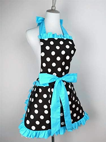 Hyzrz Cute Apron Retro Black Polka Dot Retro Ruffle Side Vintage Cooking Aprons with Pockets for Women Girls (Side Blue) - Image 2
