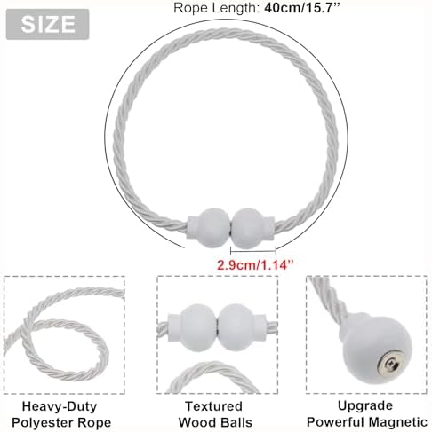 6Pcs Magnetic Curtain Tiebacks Modern Handmade Rope Curtain Tie Backs White - Image 2