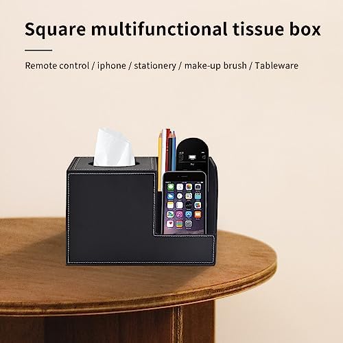 PU Leather Tissue Box Cover with Storage Square-Multifunctional Tissue Holder,Remote Control Holder,Decorative Tissues Boxes Organizer,Home Office Desktop Storage box,Black - Image 5
