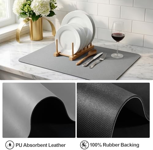 Ecotrim - Dish Drying Mat for Kitchen Counter | Coffee Bar Mat for Countertops | Heat Resistant Drainer Mat with Non-slip Rubber Backed | Hide Stain Kitchen Absorbent Draining Mat | Grey 16"x24" - Image 4