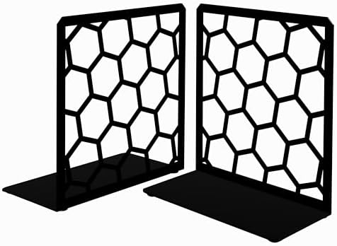 Black Geometric Honeycomb Metal Bookends - Book Ends for Shelves - Decorative Modern Heavy Duty Bookend Stopper - Book Ends for Heavy Books - Home Office Book Holder - 1 Pair, 6x3.25x6.25 in by Geomod