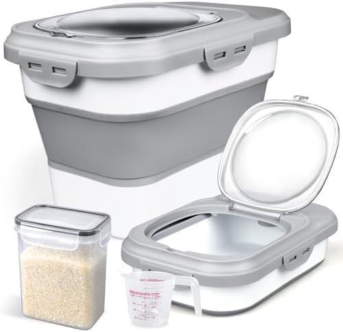 Komzon Rice Storage Container, Collapsible Airtight Food Storage Containers 6-20 Lbs, Rice Dispenser with Measuring Cup and Small Bin for Flour Cereal Pasta Grain, Cat Pet Dog Bird Food Container by Komzon