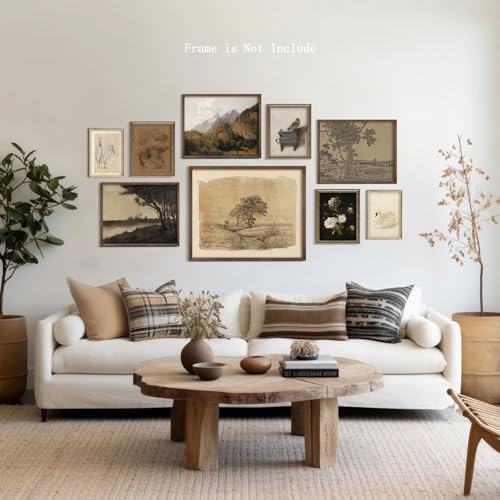 9Pcs Vintage Gallery Wall Art Decor Prints Neutral Farmhouse Wall Decor Nature Landscape Botanical Painting Moody Poster Retro French Country Moody Paintings Rustic Cottagecore Brown Tones Decor - Unframed - Image 2