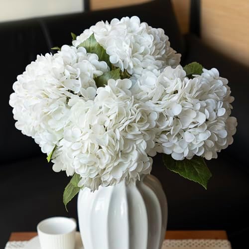 DUYONE 22" Real Soft Touch Hydrangea Artificial Flowers Realistic,Large Long Stem Fake Flowers Full Latex Faux,Wedding Bouquet,Party Home Decor,Garden Office Room Table Centerpieces White 4Pcs by DUYONE