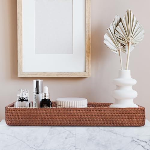 Rattan Bathroom Vanity Trays Toilet Tank Baskets Long Narrow Hand Towel Storage Basket for Storage, Decorative (Honey Brown 16.3 x 6.1 x 2 inch) - Image 6