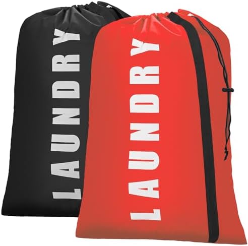 Isink Heavy Duty Laundry Bag with Strap,2 Pack Travel Laundry Bags for Dirty Clothes,24" x 36" Large Laundry Bag for Traveling,Camping,Dorm (Black + Red) by Isink