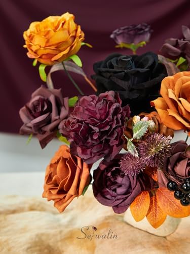 Serwalin Orange Purple Artificial Fall Flowers Combo, Fake Silk Flowers - Image 4