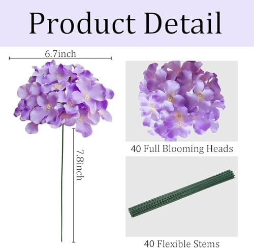 Hydrangea Artificial Flowers, 40 Pcs Purple Hydrangea Artificial Flowers Bulk, Faux Hydrangea Flowers for Outdoor, Fake Silk Hydrangea Flowers with Stems for Wedding Decoration Decor - Image 3