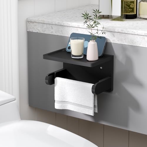 VERTORGAN 2 Pack Bamboo Toilet Paper Holder with Phone Shelf(Black) - Image 4
