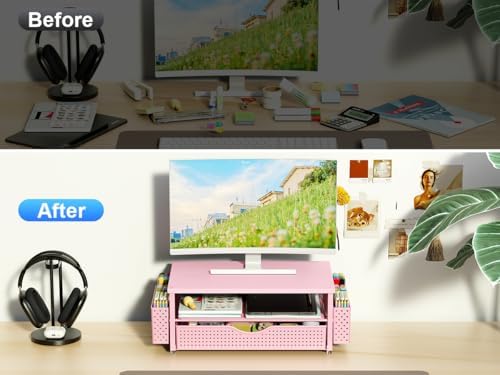 Spacrea Computer Monitor Stand with Drawer and 2 Pen Holders, Pink - Image 3