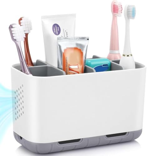 Boperzi Toothbrush and Toothpaste Holder Drainage for Bathroom Countertop with Adjustable Dividers, Large Toothpaste Caddy Organizer Storage Rustic Decor Set Anti-Slip for Shower,Family,Kids Gray by Boperzi