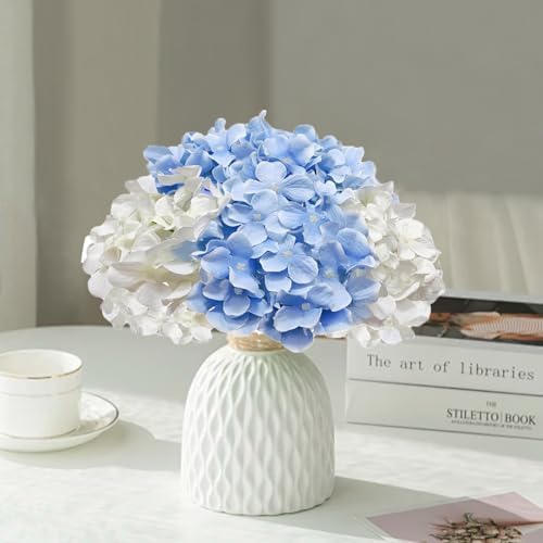 20 Pcs Blue and White Hydrangea Artificial Flowers Bulk, Faux Hydrangea Flowers Heads, Artificial Fake Silk Hydrangea Flowers with Stems, White Flowers Artificial for Decoration Wedding Décor - Image 5