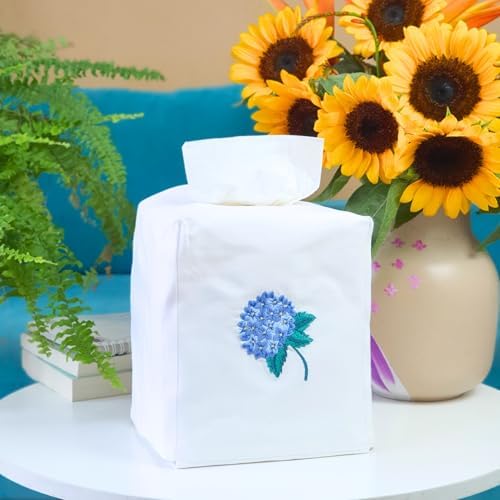 Fabric Tissue Box Cover Set of 2, Vintage Floral Embroidery Hydrangea Tissue Holder, Bouquet Wrapping Bag, Car Tissue Holder, Tissues Box Cover Square 5.9"X5.9"X7", White Square Tissue Box Cover - Image 2