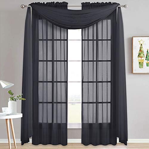 NICETOWN Black Sheer Villa Scarf Curtain Panels, Simple Voile Sheer Scarf Valance for Your Son & Farther Bedroom, 2 Pieces, 60" Length by 216" Width - Image 3