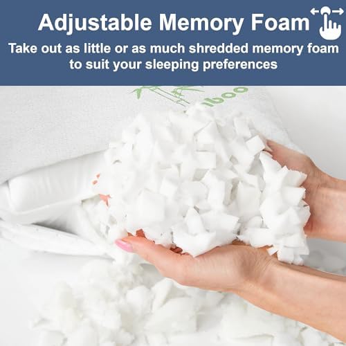 Memory Foam Rayon Bamboo Pillows Queen Size Set of 2 for Sleeping [Adjustable] - Cool & Breathable Cover with Zipper Rayon Bamboo Pillowcase - Relieves Neck Pain - Back/Stomach/Side Sleeper - Image 3