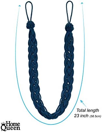 Home Queen Hand Braided Curtain Tieback, Buckle Drapery Curtain Tie Back, 4 Rope Belt Curtain Tie with 4 Metal Hooks, Navy - Image 2
