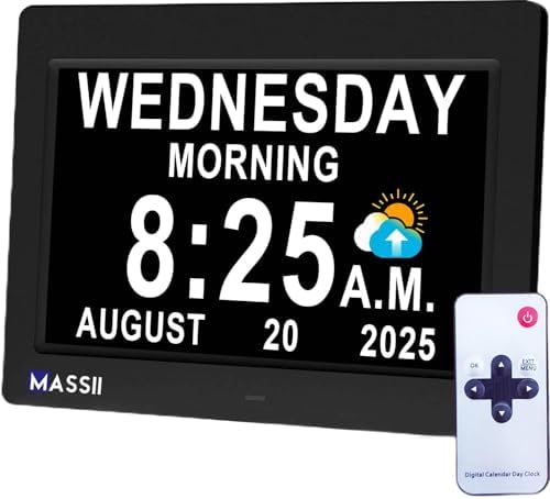 MASSII Dementia Clock with Date Time Voice Announcement, 27 Alarms Custom Reminders, Sleep Trainer, Auto DST, 10 Levels Night Dimmer, Large Talking Digital Calendar Clock for Elderly with 1.5M Adaptor by MASSII