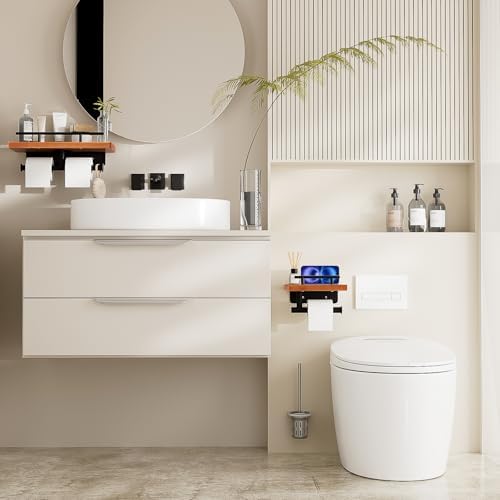 Toilet Paper Holder with Wood Shelf, Wall Mount Toilet Paper Roll Holder with Wooden Shelf and Matte Black Stainless Steel Pipe, Tissue Roll Holder for Bathroom Washroom (Light Brown, 7.9'' x 5.9'') - Image 7