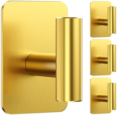 Heavy Duty Adhesive Hooks - 26lb Max, Sticky Wall Hooks Waterproof Stainless Steel for Hanging Towel, Coat, Robe, Towel Hooks Stick on Bathroom, Kitchen, Shower, Door (Gold, 4 Pack) by Eowihor