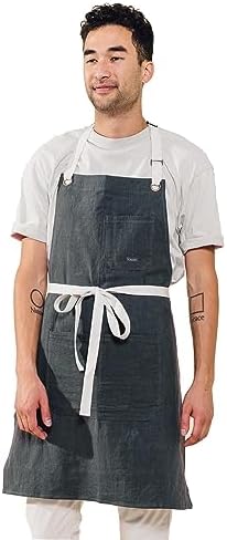 Caldo Linen Kitchen Apron for Cooking- Mens and Womens Linen Bib Apron for Professional Chef, Server, or Barista - Adjustable with Pockets (Slate) by Caldo