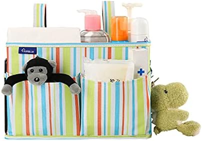 Surblue Bedside Caddy Hanging Bed Organizer Storage Bag Pocket for Bunk and Hospital Beds, College Dorm Rooms Baby Bed Rails,Wheelchair Side Bag,Camp Chiars,4 Pockets and 2 Hooks (Small GreenStripe) - Image 3