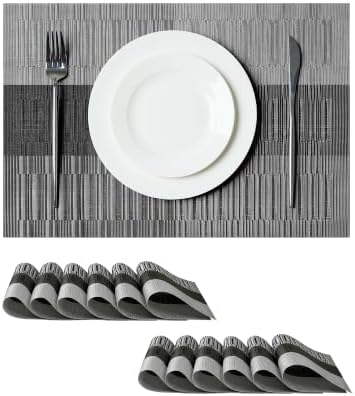 Leetaltree Grey with White Striped Placemats Set of 12 - Heat Resistant Non-Slip Place mats for Dining Table, Washable Durable PVC Vinyl Woven Table Mats（Grey Stripe, 12） by Leetaltree-ArtatEveryTable