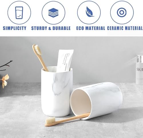 Marble Toothbrush Holders - 2 Ceramic Toothbrush Holders for Bathrooms Toothbrush Toothpaste Holders Set, White Bathroom Tumbler Cups Reusable Toothbrush Mouthwash Cup, Bathroom Counter Organizer. - Image 6