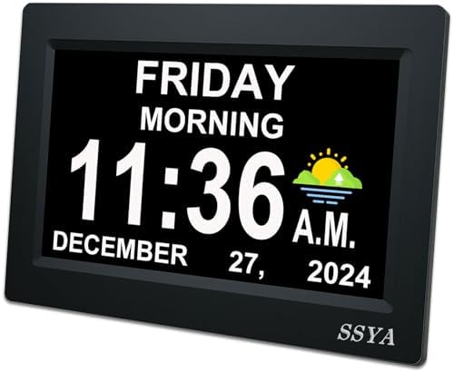 SSYA 7 Inch Calendar Clock - 12 Alarm Options, Level 5 Auto Dimmable Display,Extra Large Impaired Vision Digital Clock with Non-Abbreviated Day & Month (Black) by SSYA
