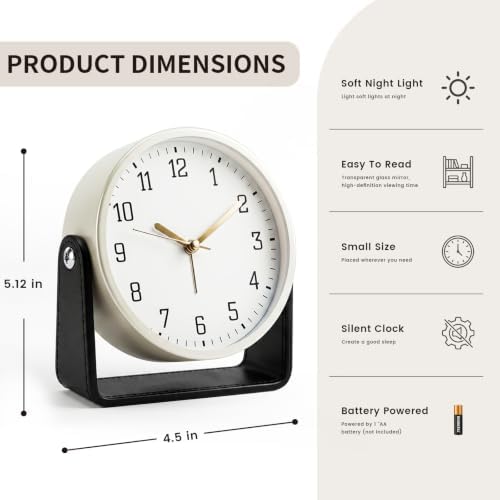 Analog Alarm Clock - 4.5" Silent Non Ticking Small Clock with Light, Rotatable Stand Metal Desk Clock Battery Operated, Simple Design for Living Room Decor/ Bedroom/Bedside/Shelf (Black & White) - Image 2
