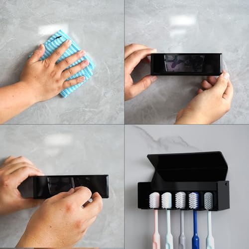 5 Slots Wall Mount Toothbrush Holder with Cover, Self Adhesive Toothbrush Storage Organizer for Shower, Toothbrush Hanger for Bathroom, Medicine Cabinet, Dorm (Black) - Image 3