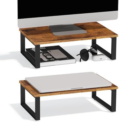 Wood Monitor Stand Riser, 2 Pack Desktop Laptop Riser for Dual Monitors & Printer, Engineered Wood Ergonomic Desktop Riser for Office PC Laptop, Rustic Brown by CADUKE
