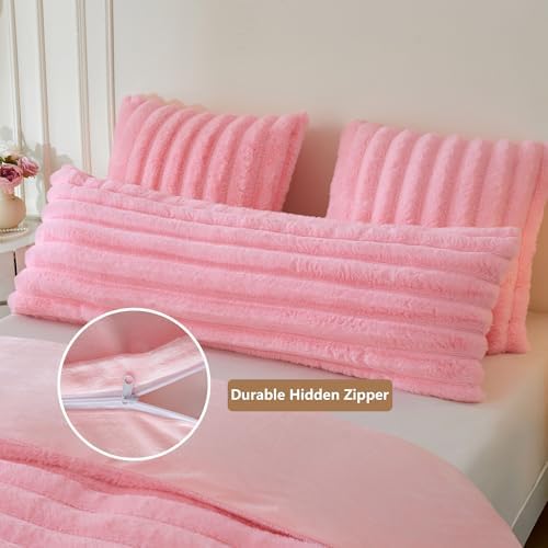 MEGO 20x54 Body Pillow Cover, Fluffy Wide Ribbed Faux Rabbit Fur, Pink - Image 4